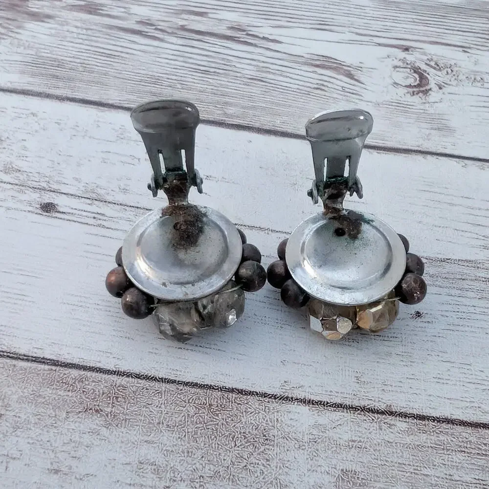 Vintage Clip On Earrings Large Cluster Brown - Fair Condition